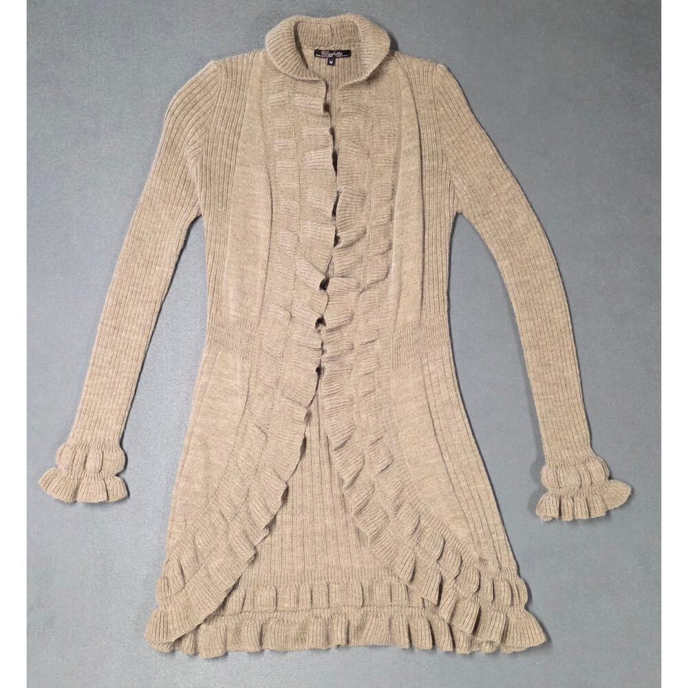 Elisabetta Collection Ruffle Cardigan M Taupe Wool Blend Italy Open Boho Victori